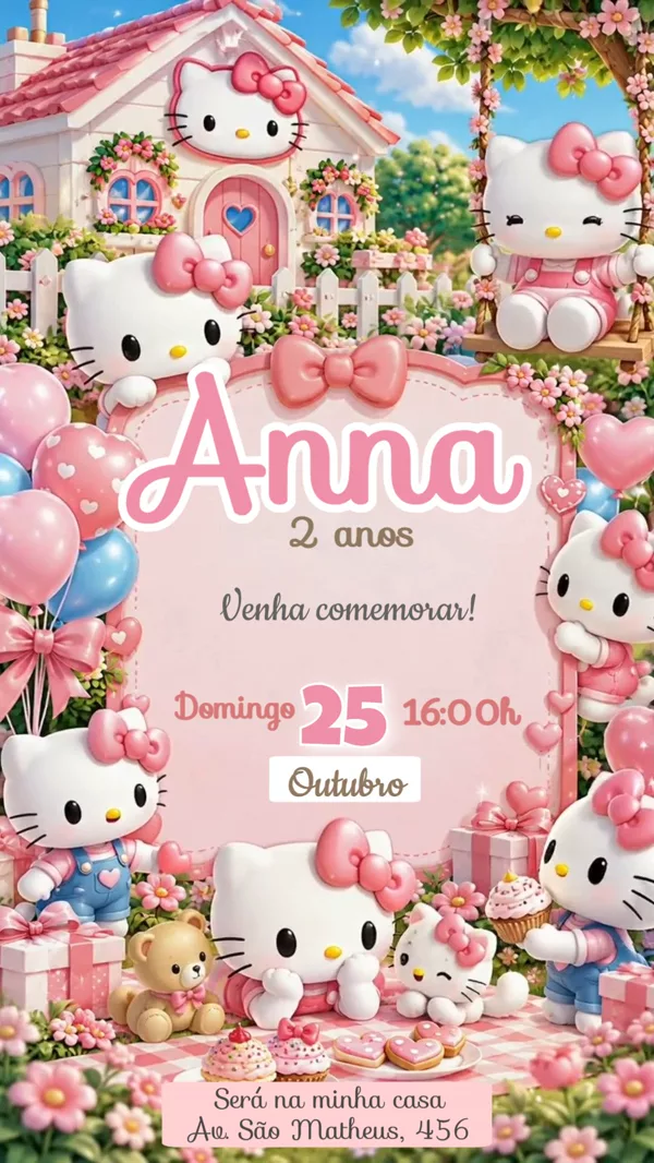 Convite Animado Aniversário Hello Kitty Casinha Para Editar Online