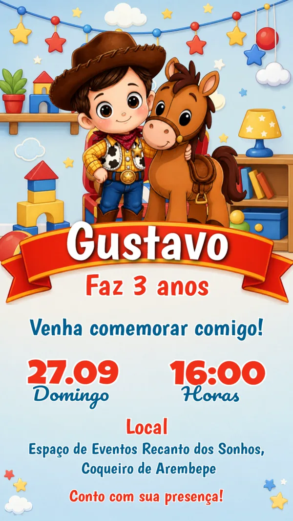 Convite Aniversário Woody Cowboy Cavalo Para Editar Online