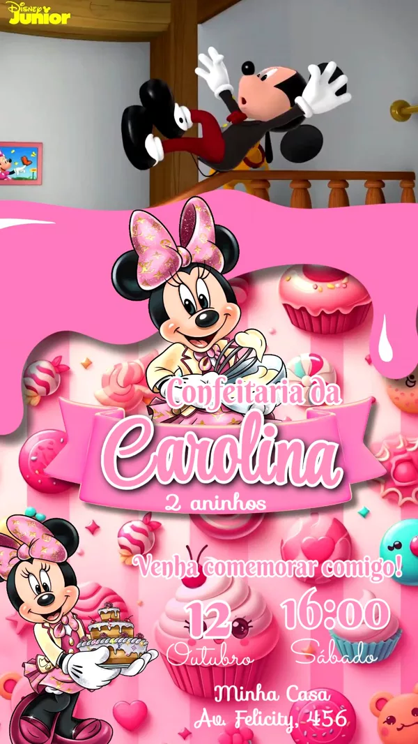 Convite Animado Aniversário Minnie Confeitaria Para Editar Online