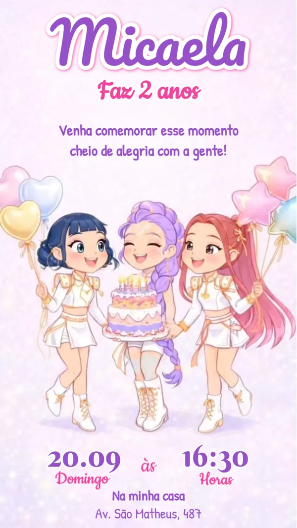 Convite Animado Aniversário Guerreiras do K-Pop Fofinhas Para Editar Online