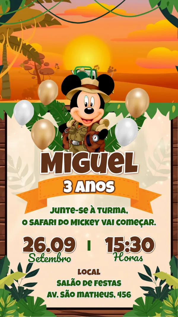 Convite Animado Aniversário Mickey Safari Vermelho Para Editar Online