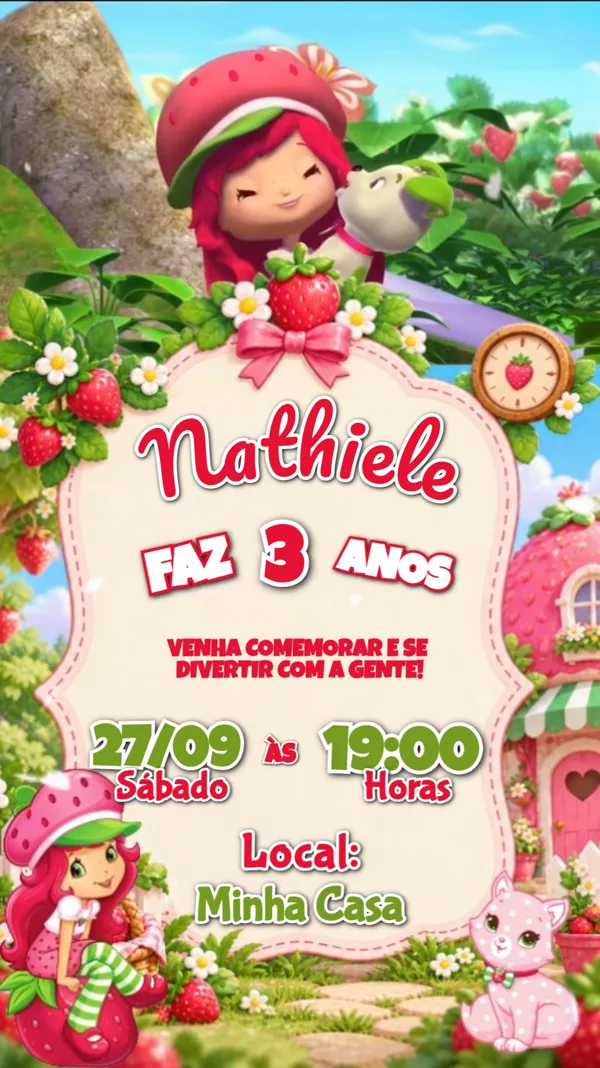 Convite Animado Aniversário Moranguinho Casinha Para Editar Online