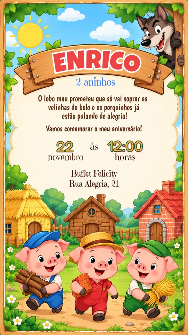 Convite Aniversário Os 3 porquinhos Para Editar Online