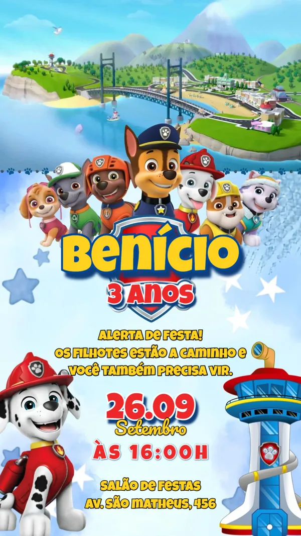 Convite Animado Aniversário Patrulha Canina Azul Para Editar Online