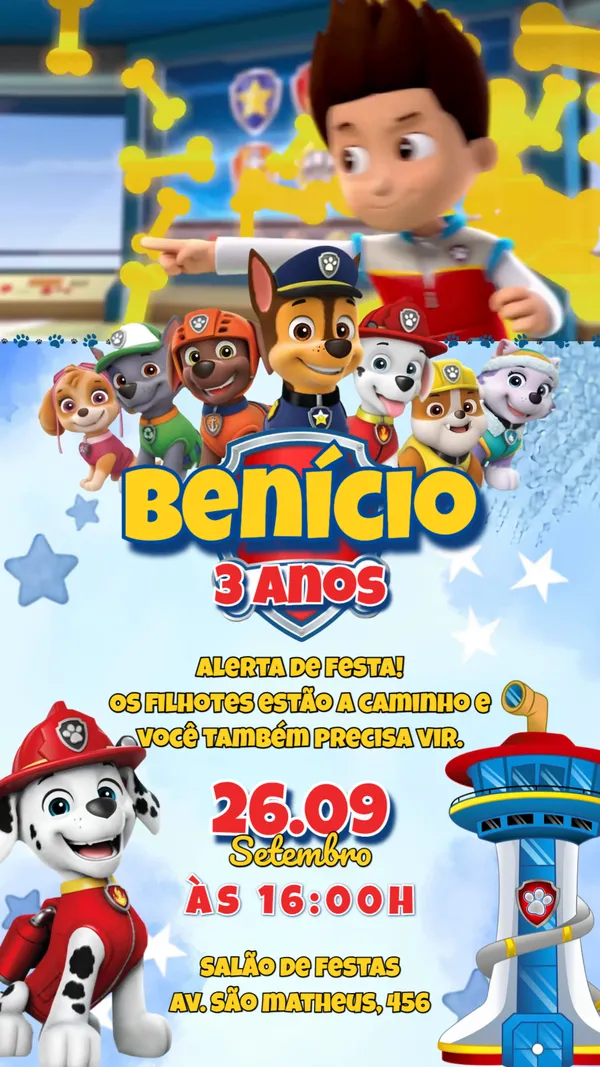 Convite Animado Aniversário Patrulha Canina Azul Para Editar Online
