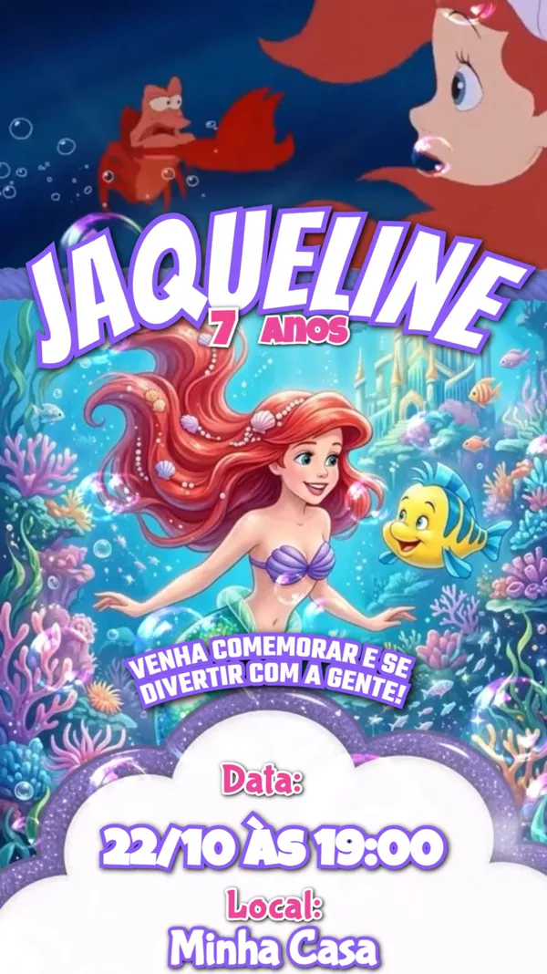 Convite Animado Aniversário Pequena Sereia Ariel Para Editar Online
