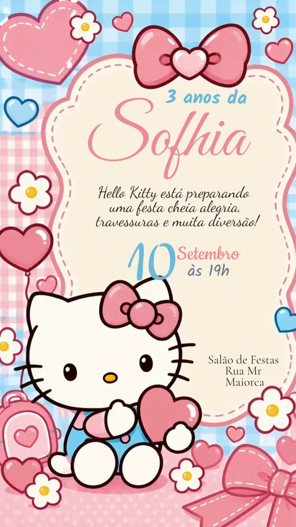 Convite Animado Aniversário Hello Kitty Corações Para Editar Online