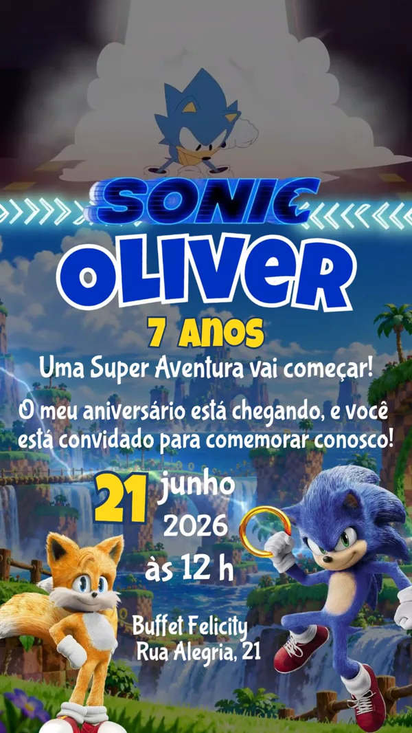 Convite Animado Aniversário Sonic Tails Anel Para Editar Online