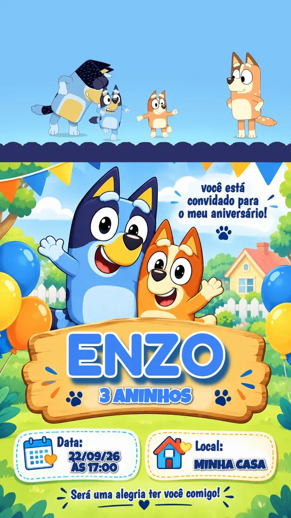Convite Animado Aniversário Bluey Piquenique Para Editar Online