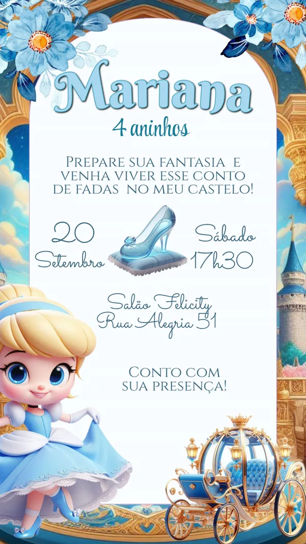 Convite Aniversário Cinderela Castelo Azul Para Editar Online