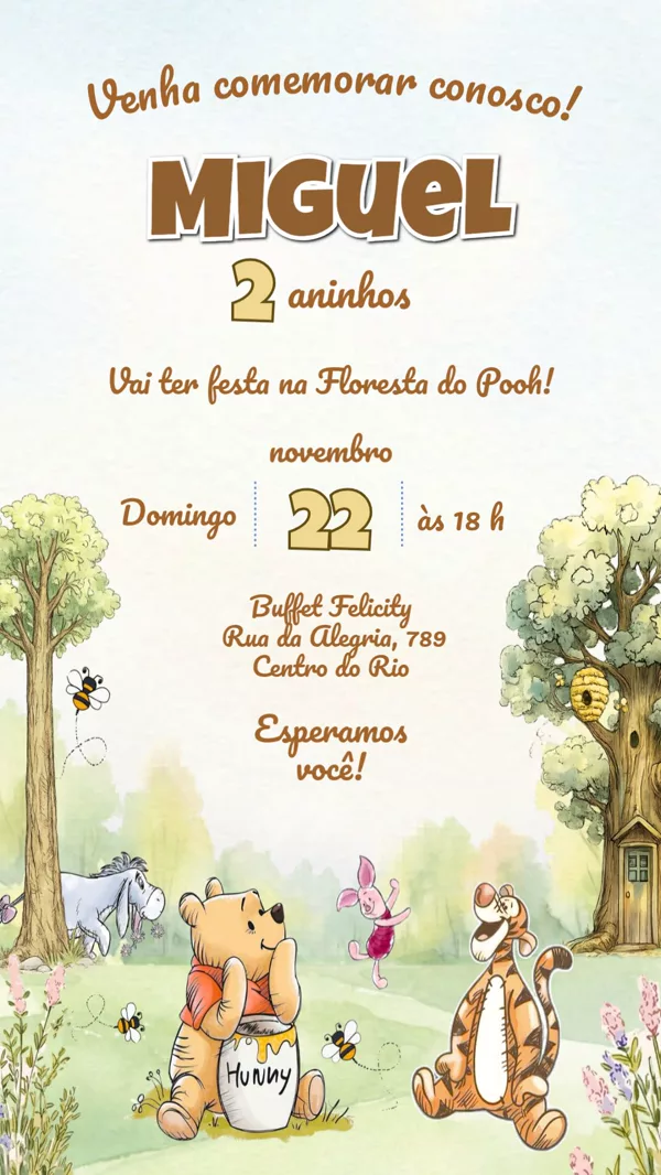 Convite Aniversário Ursinho Pooh Floresta Para Editar Online