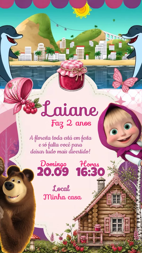 Convite Animado Aniversário Masha e o Urso Para Editar Online