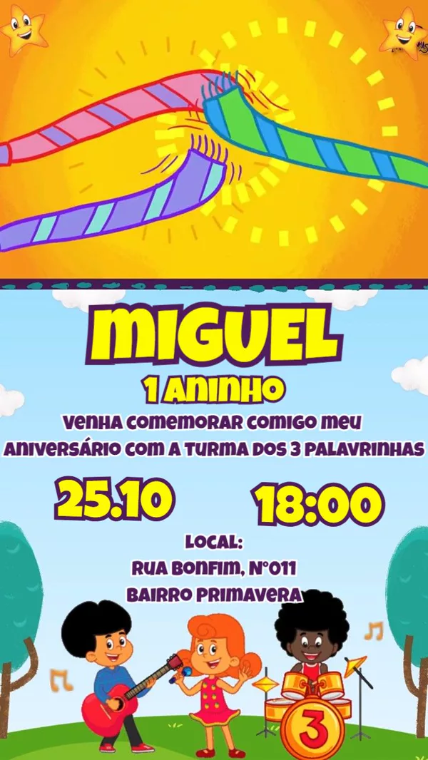 Convite Animado Aniversário 3 Palavrinhas Para Editar Online