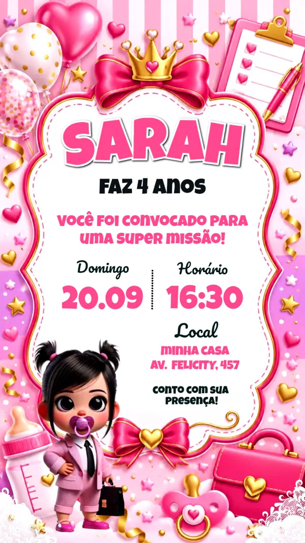 Convite Animado Aniversário Poderosa Chefinha Para Editar Online