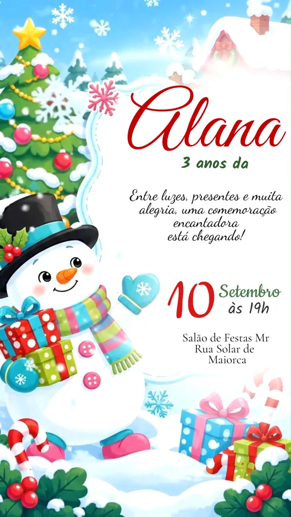Convite Animado Aniversário Natal Boneco de Neve Para Editar Online