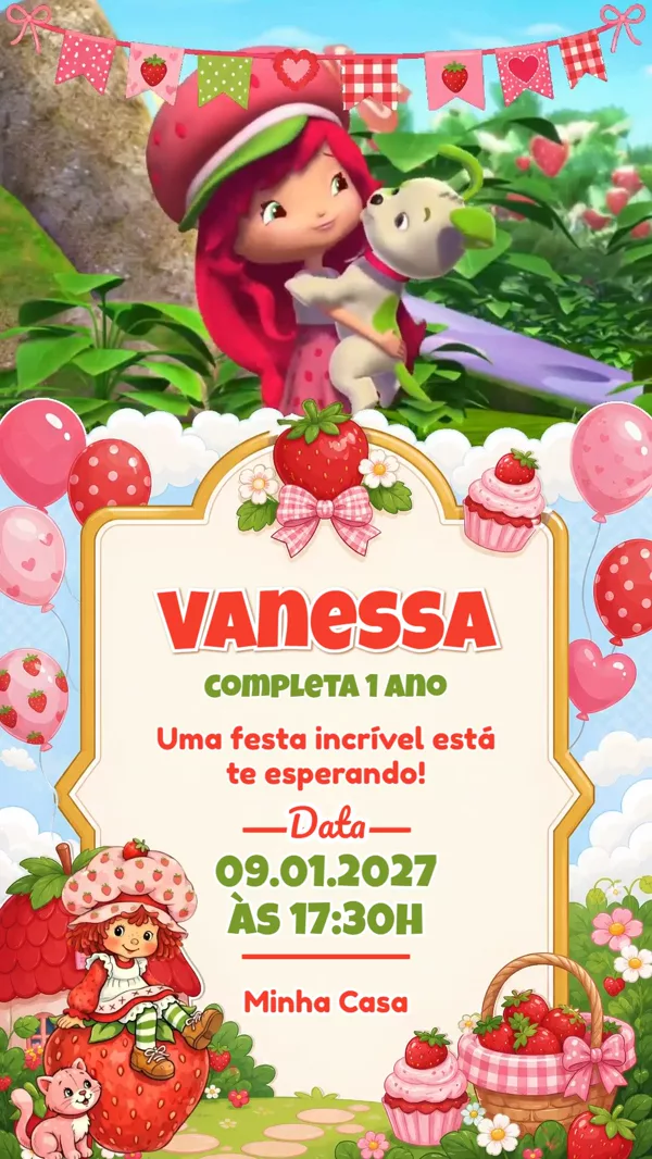 Convite Animado Aniversário Moranguinho Jardim Para Editar Online