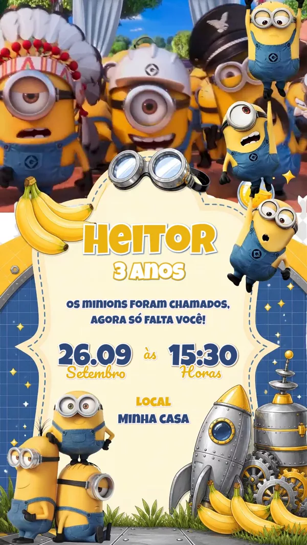 Convite Animado Aniversário Minions Para Editar Online