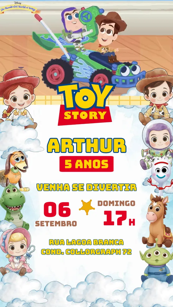 Convite Animado Toy Story Aquarela de Aniversário