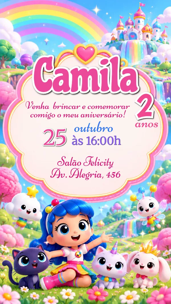 Convite Aniversário Reino do Arco-íris Para Editar Online