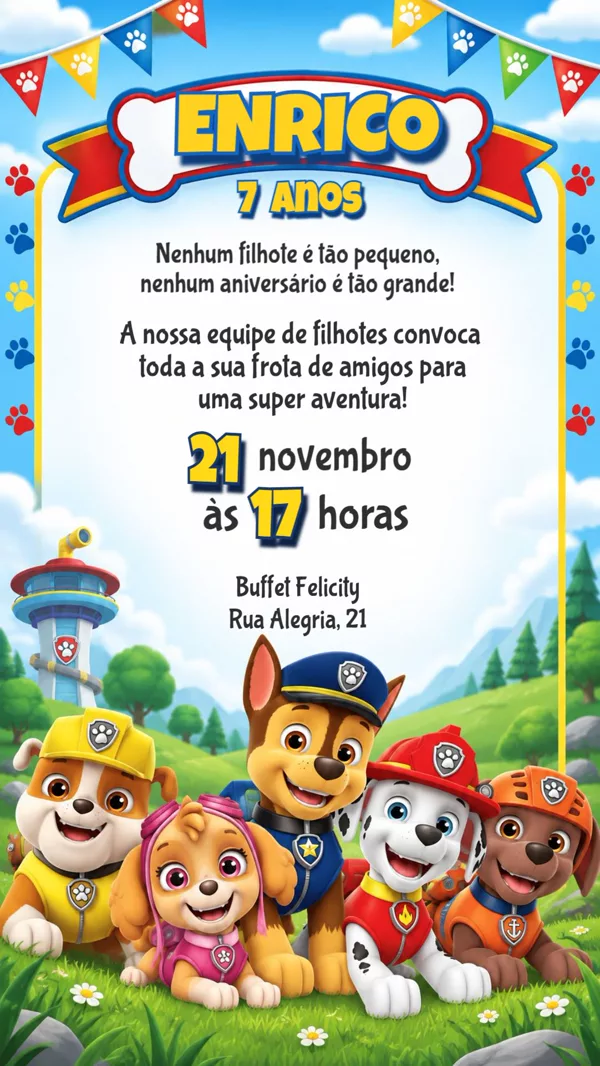 Convite Aniversário Patrulha Canina Aquarela Para Editar Online