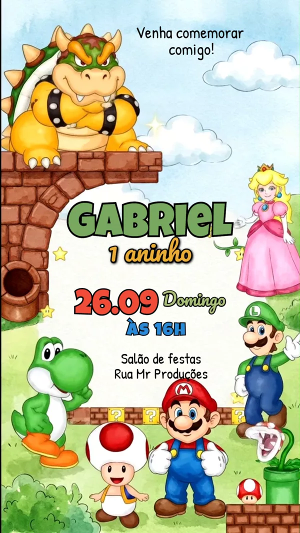 Convite Animado Aniversário Super Mario Infantil Para Editar Online