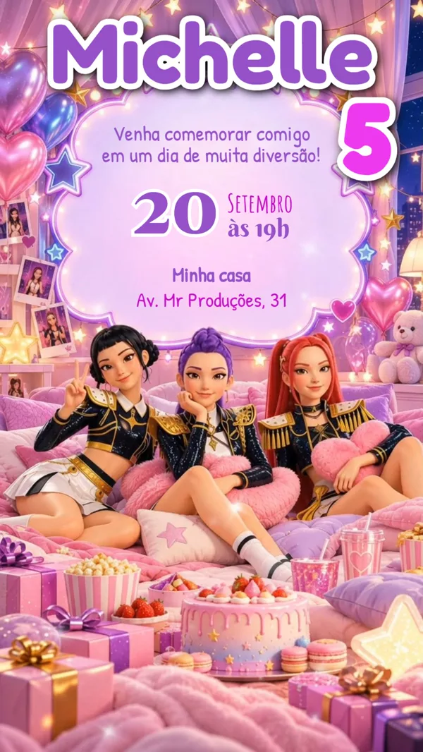 Convite Animado Aniversário Guerreiras do K-Pop Para Editar Online