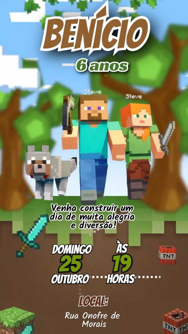 Convite Animado Aniversário Minecraft Para Editar Online
