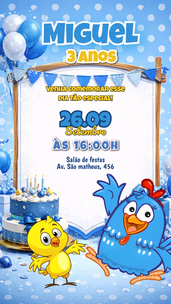 Convite Aniversário Galinha Pintadinha Azul Para Editar Online