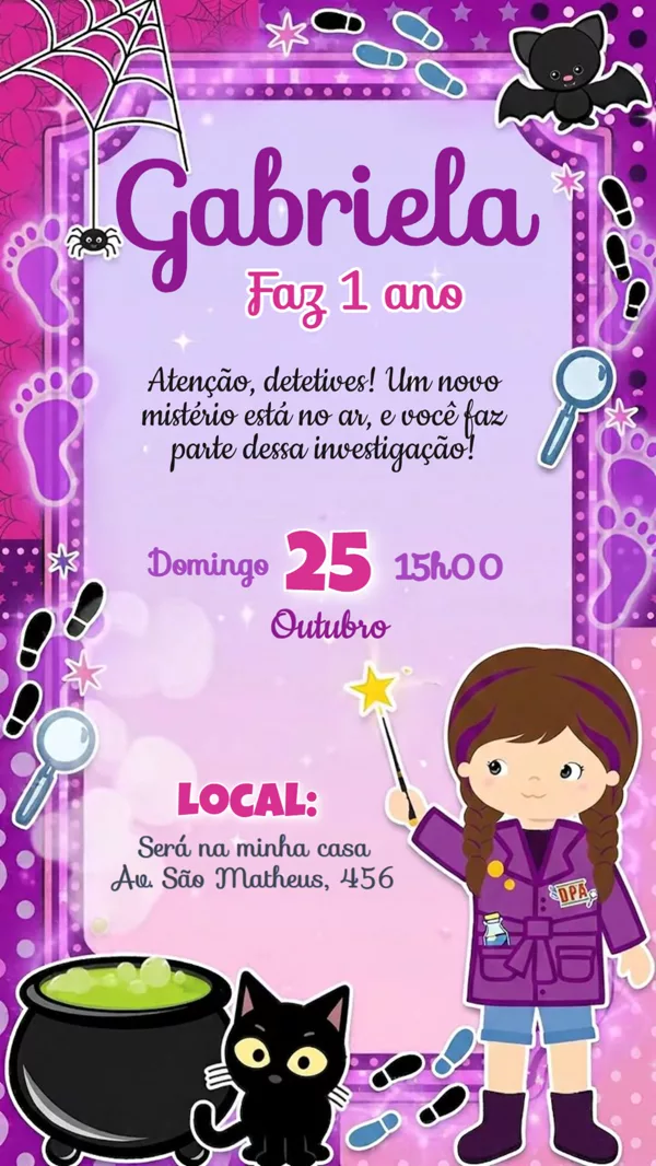 Convite Animado Aniversário Detetive Menina Para Editar Online