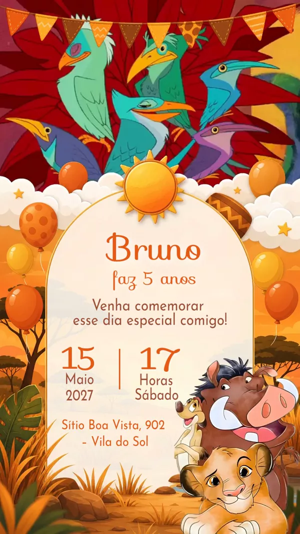 Convite Animado Aniversário Rei Leão Laranja Para Editar Online