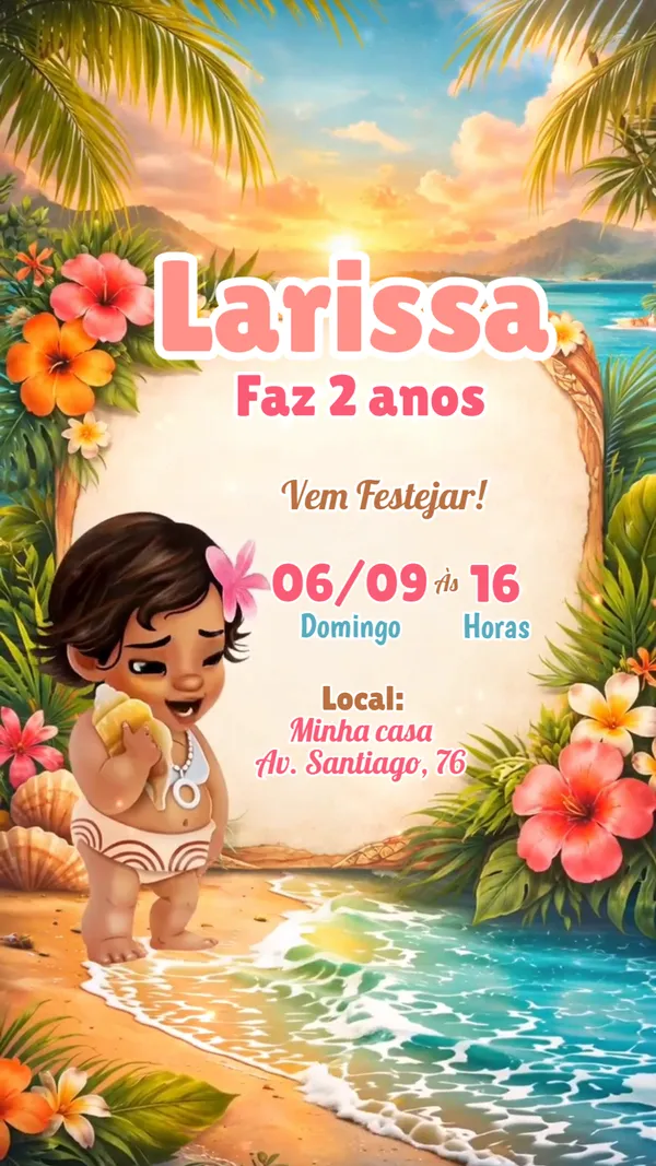 Convite Animado Aniversário Moana Baby Praia Para Editar Online