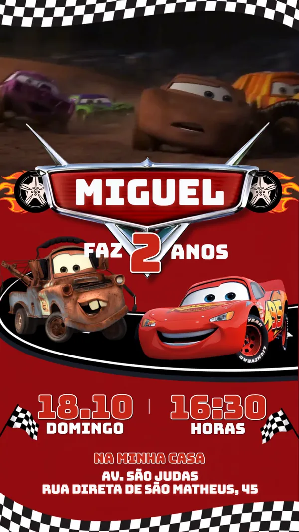 Convite Animado Aniversário Relâmpago Mcqueen Disney Para Editar Online