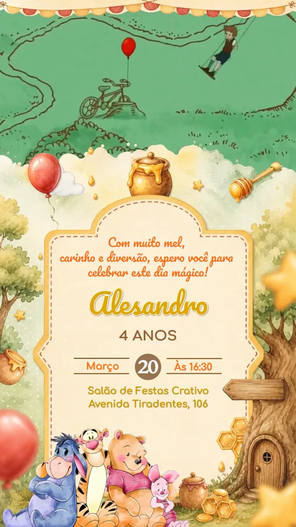 Convite Animado Aniversário Ursinho Pooh Mel Para Editar Online