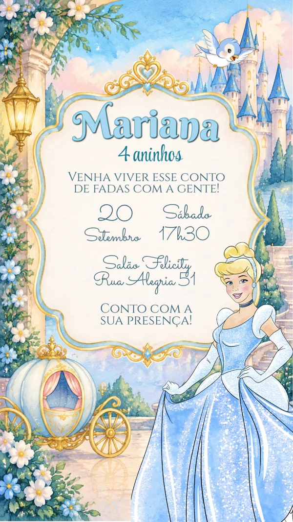 Convite Aniversário Cinderela Aquarela Para Editar Online