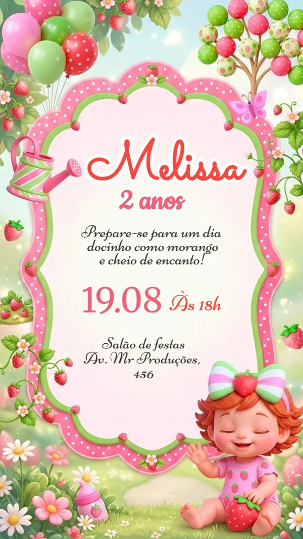 Convite Animado Aniversário Moranguinho Baby Para Editar Online