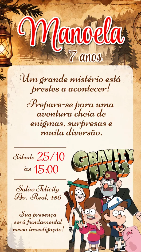 Convite Aniversário Gravity Falls Floresta Para Editar Online