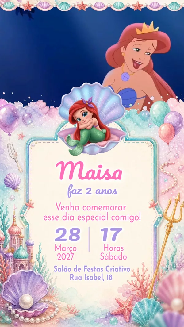 Convite Animado Aniversário Pequena Sereia Ariel Para Editar Online