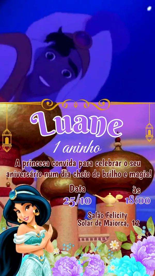 Convite Animado Aniversário Jasmine Palácio Para Editar Online