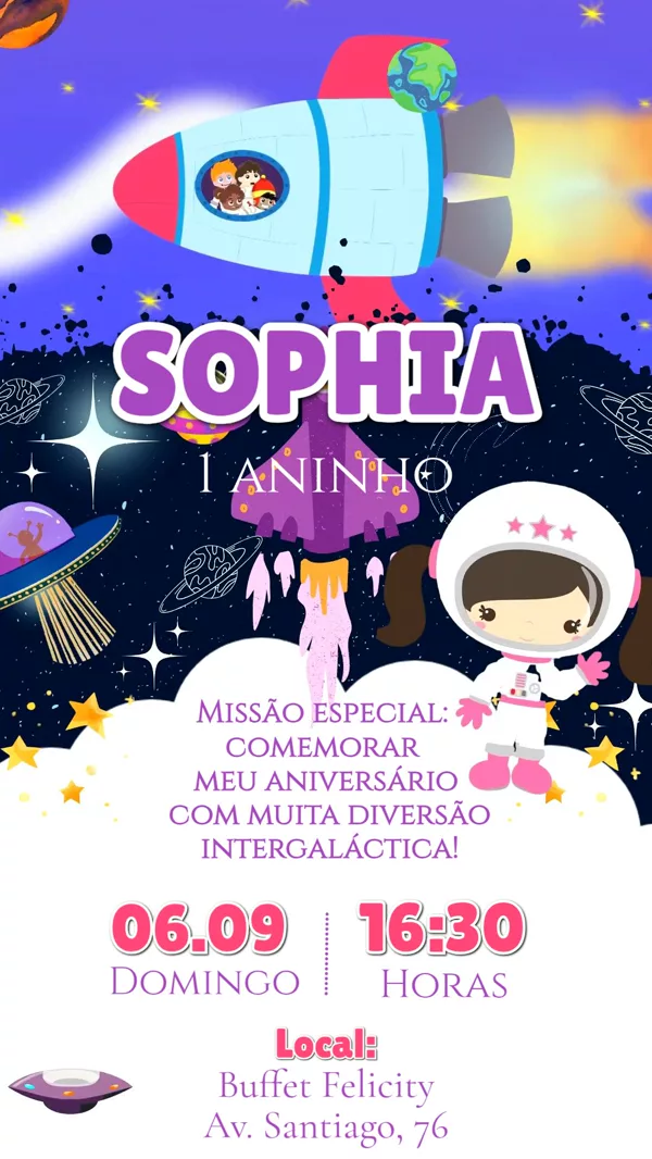 Convite Animado Aniversário Astronauta Espacial Para Editar Online