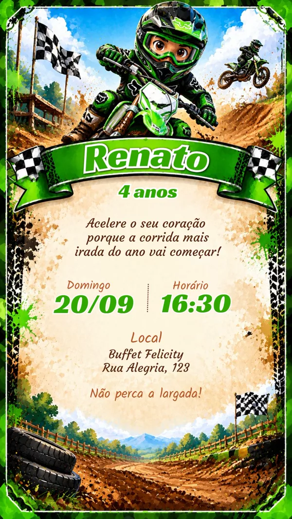 Convite Aniversário Motocross Verde Para Editar Online