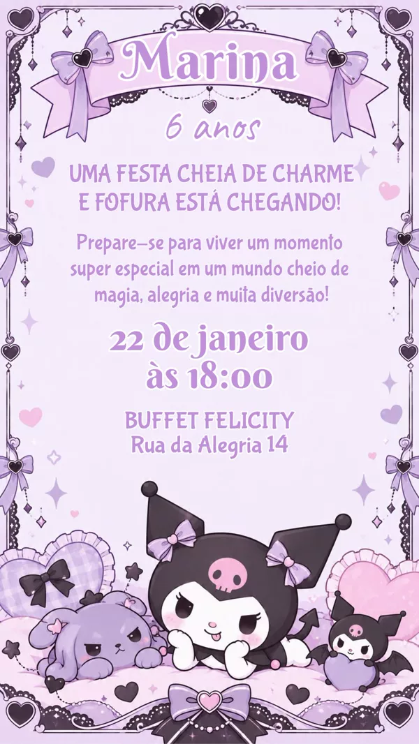 Convite Aniversário Kuromi Para Editar Online