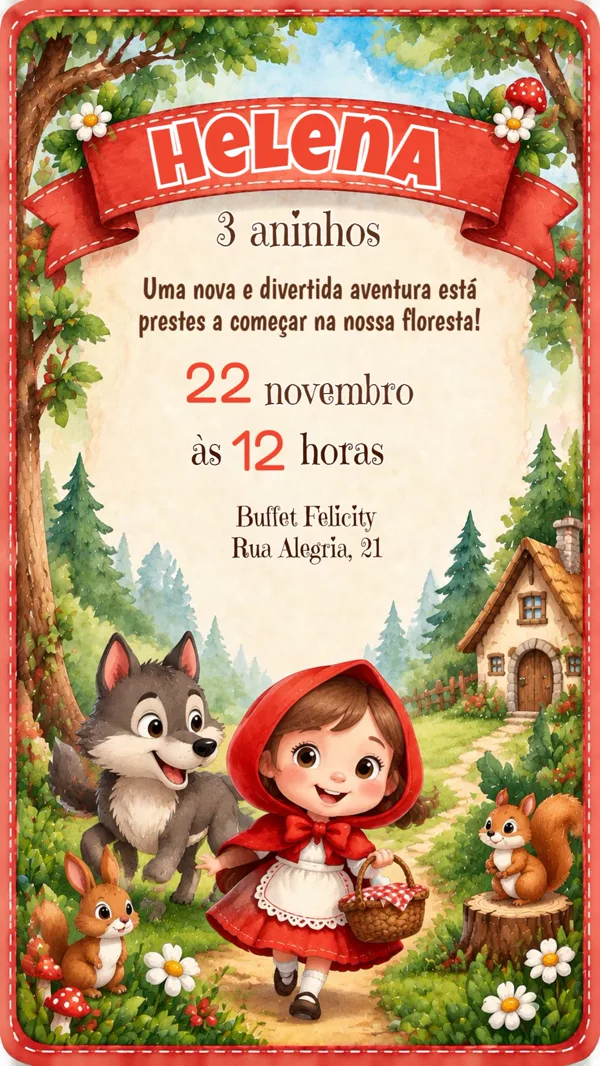 Convite Aniversário Chapeuzinho Para Editar Online