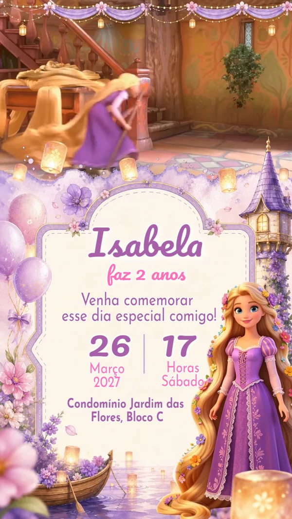 Convite Animado Aniversário Rapunzel Lilás Para Editar Online