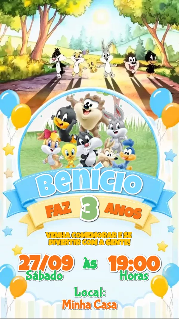 Convite Animado Aniversário Baby Looney Tunes Para Editar Online