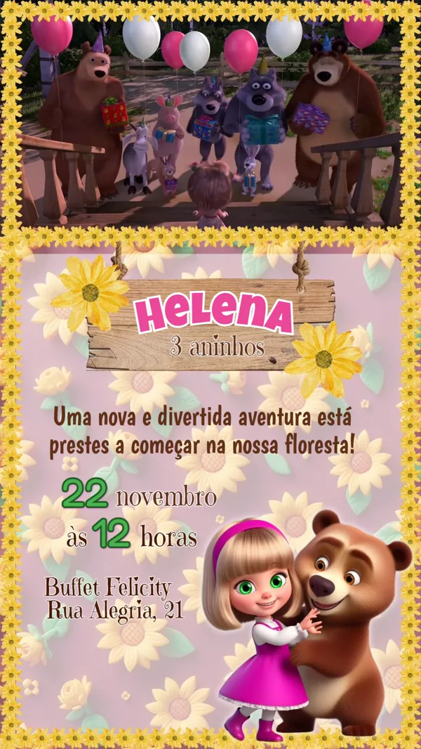 Convite Animado Aniversário Masha e o Urso Para Editar Online