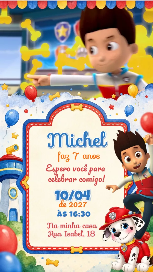 Convite Animado Aniversário Patrulha Canina Ryder Para Editar Online