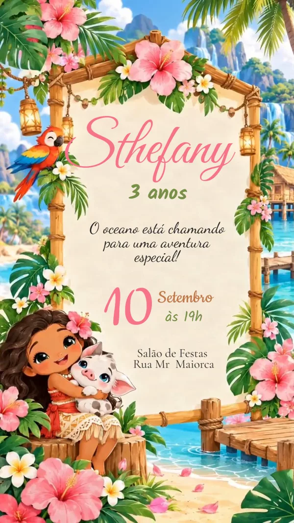 Convite Animado Aniversário Moana Tropical Praia Para Editar Online