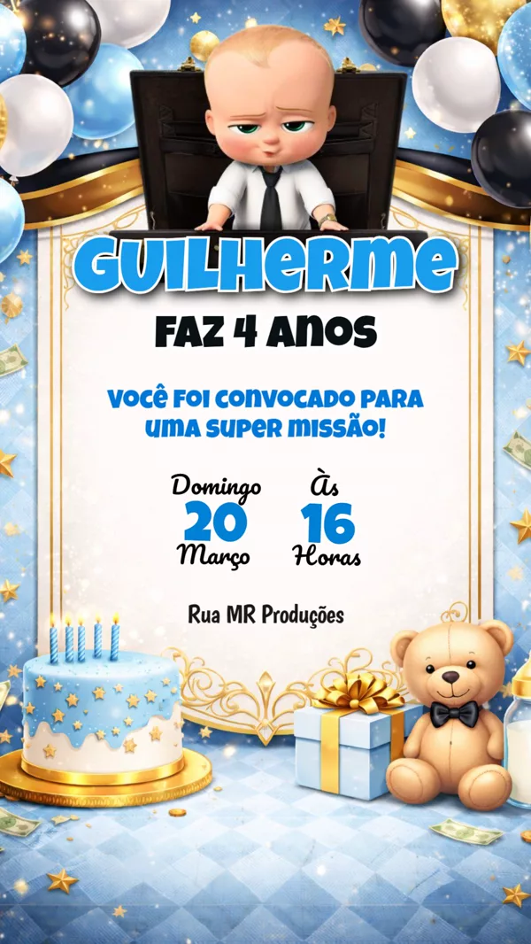 Convite Aniversário Poderoso Chefinho Dourado Para Editar Online