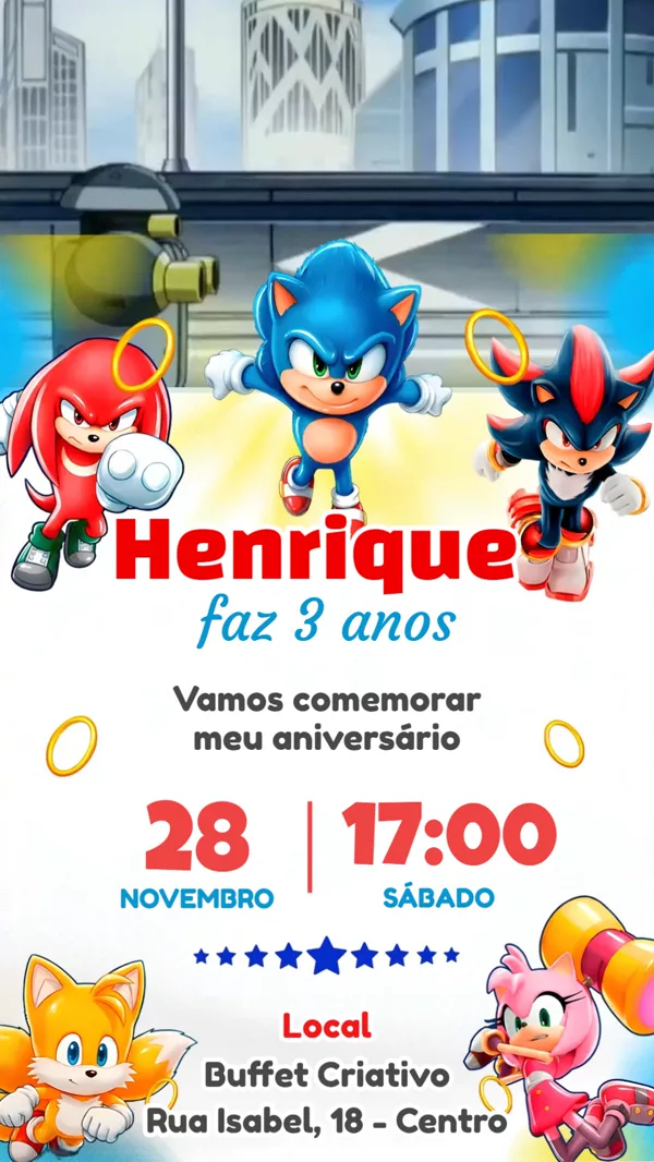 Convite Animado Aniversário Sonic e Amigos Para Editar Online