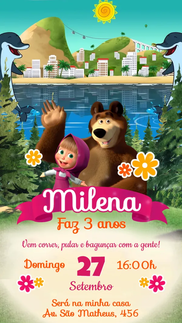 Convite Animado Aniversário Masha e o Urso Roxo Para Editar Online